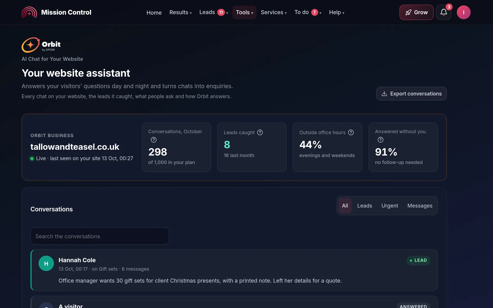Orbit in Mission Control: conversations this month, leads caught and chats answered outside office hours, demo account