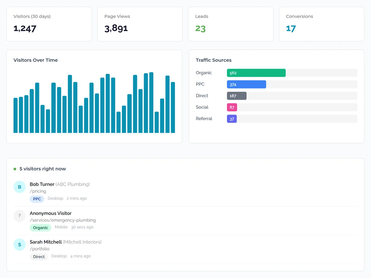 The Pulsar dashboard on sample data: 1,247 visitors, 3,891 page views, 23 leads and 17 conversions in 30 days, a bar chart of visitors over time, traffic sources by channel, and a live list of visitors with the page each is viewing.
