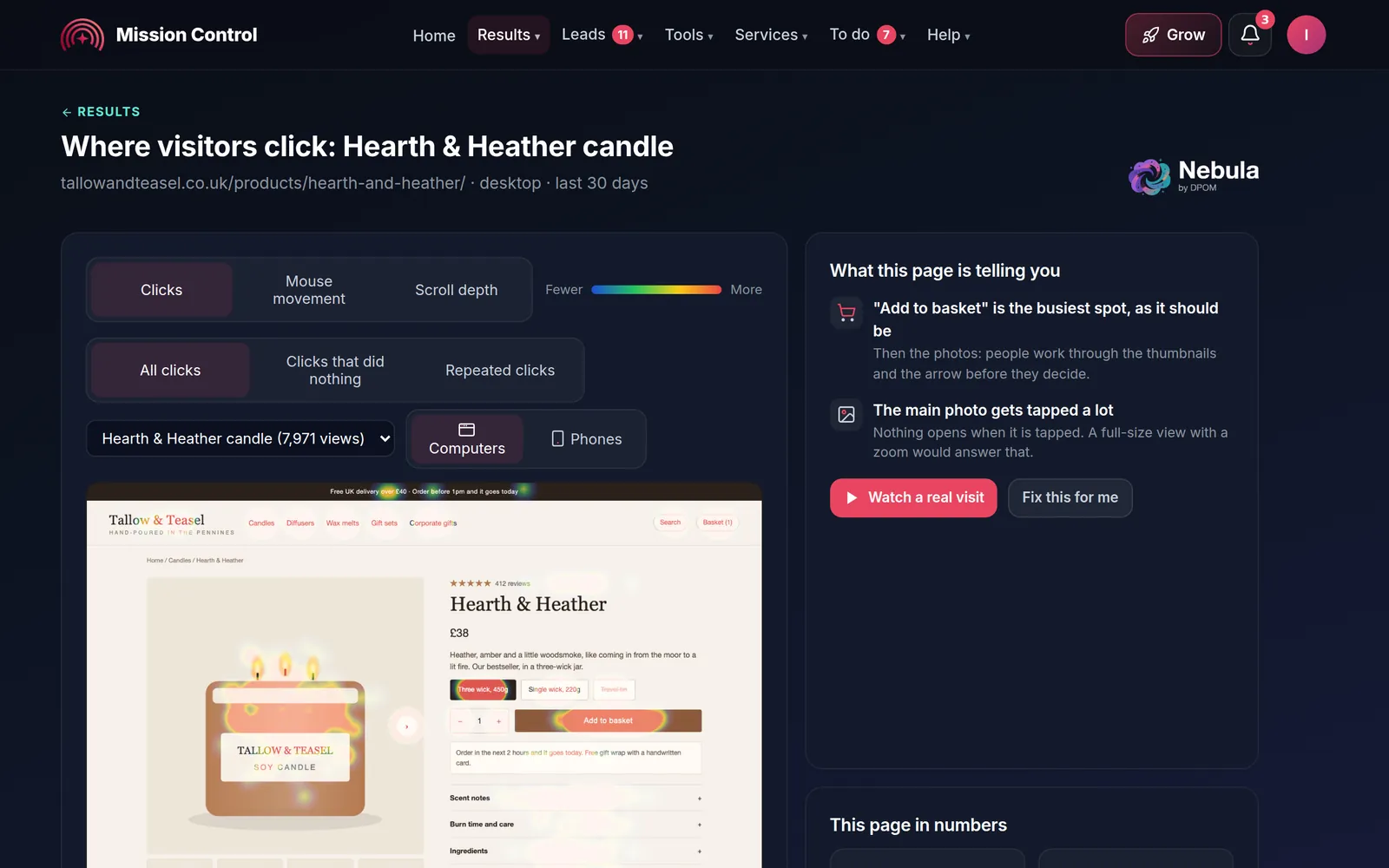 A Nebula click heatmap of a product page in Mission Control, with what the page is telling you in plain English, demo account