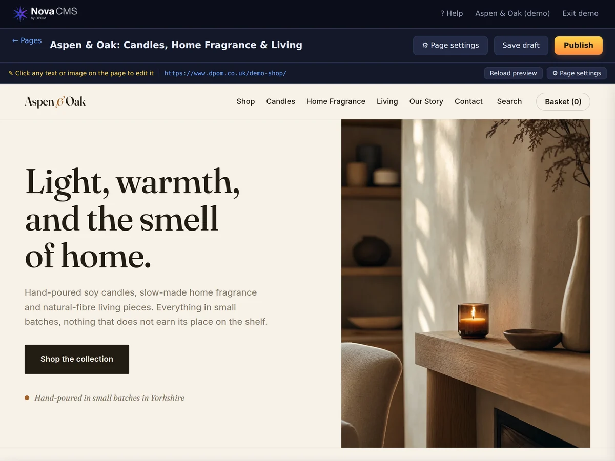 The Nova CMS editor open on a page of the Aspen and Oak demo shop: click any text or image to edit it