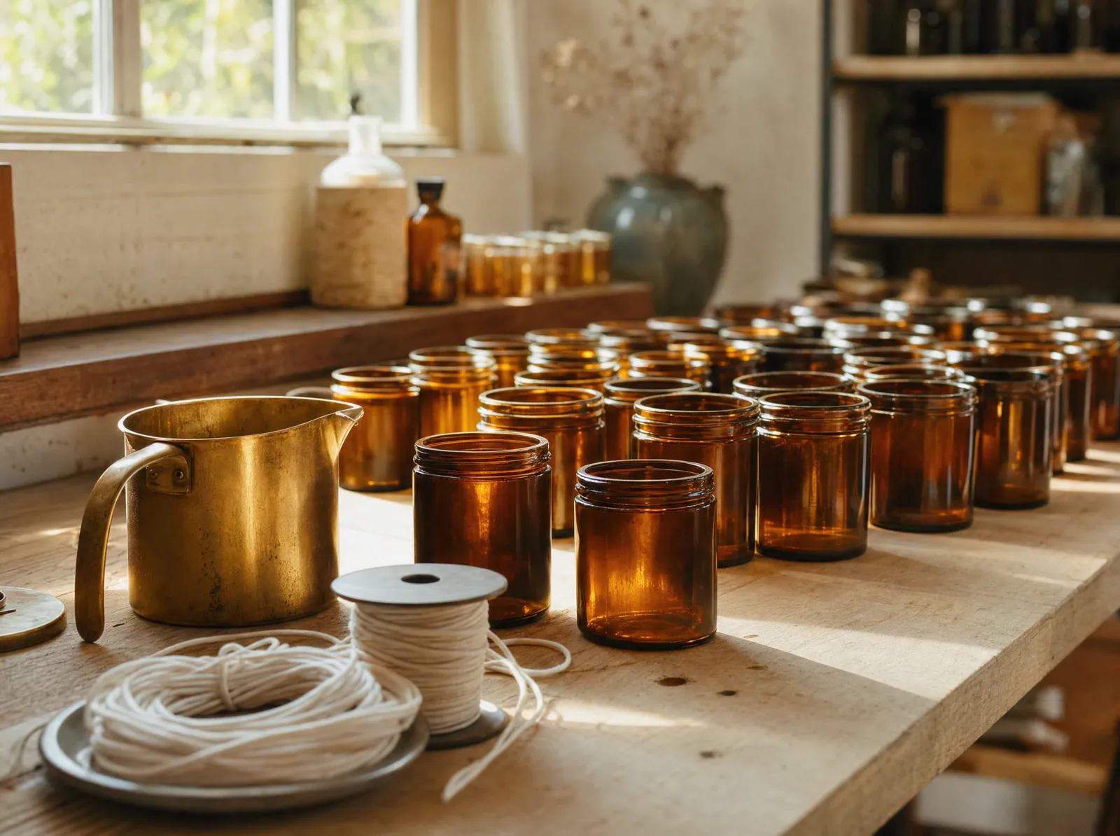 Amber glass jars on the workbench at the Aspen & Oak studio