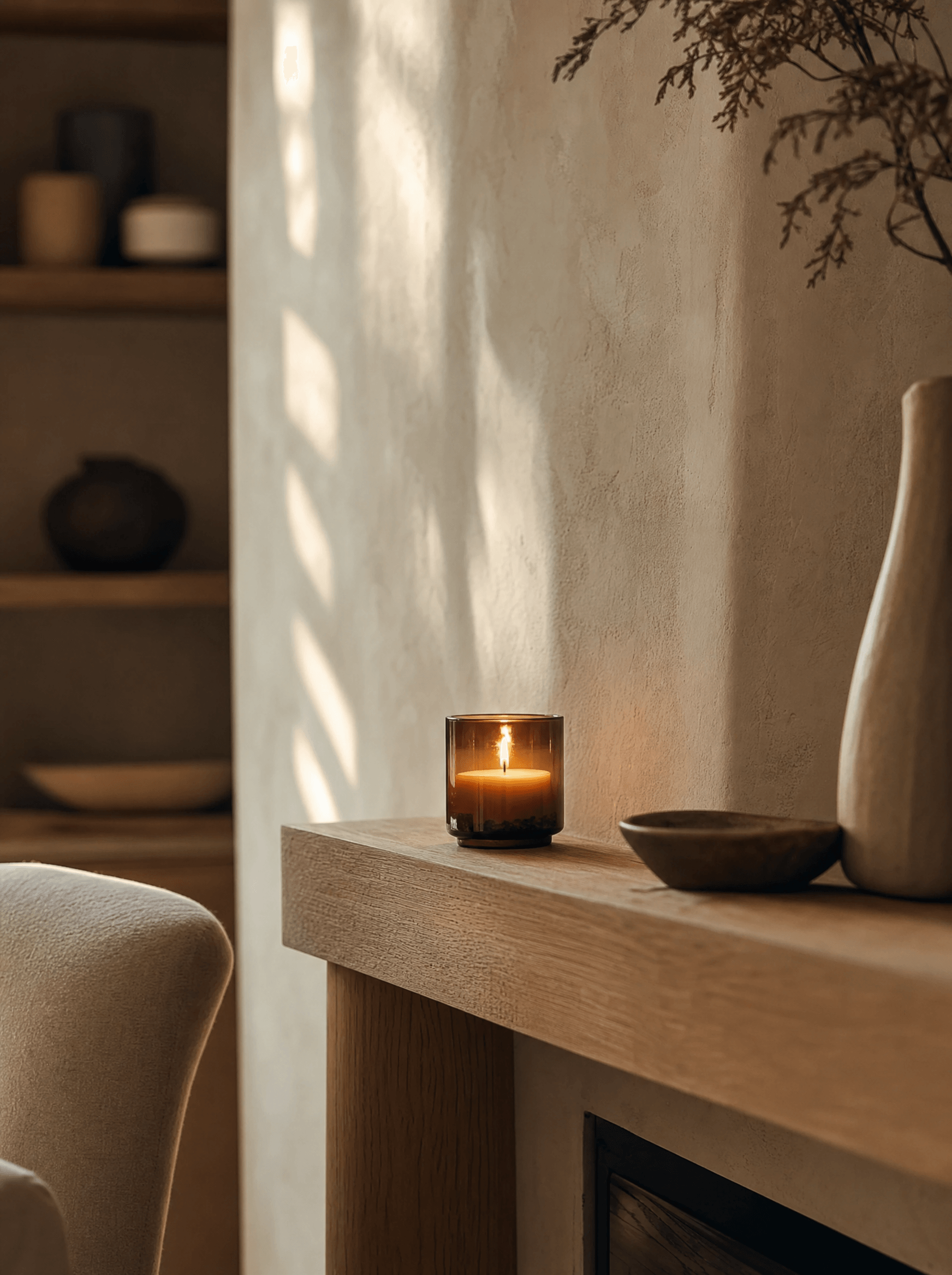 Amber Glass Candle lit on an oak mantelpiece