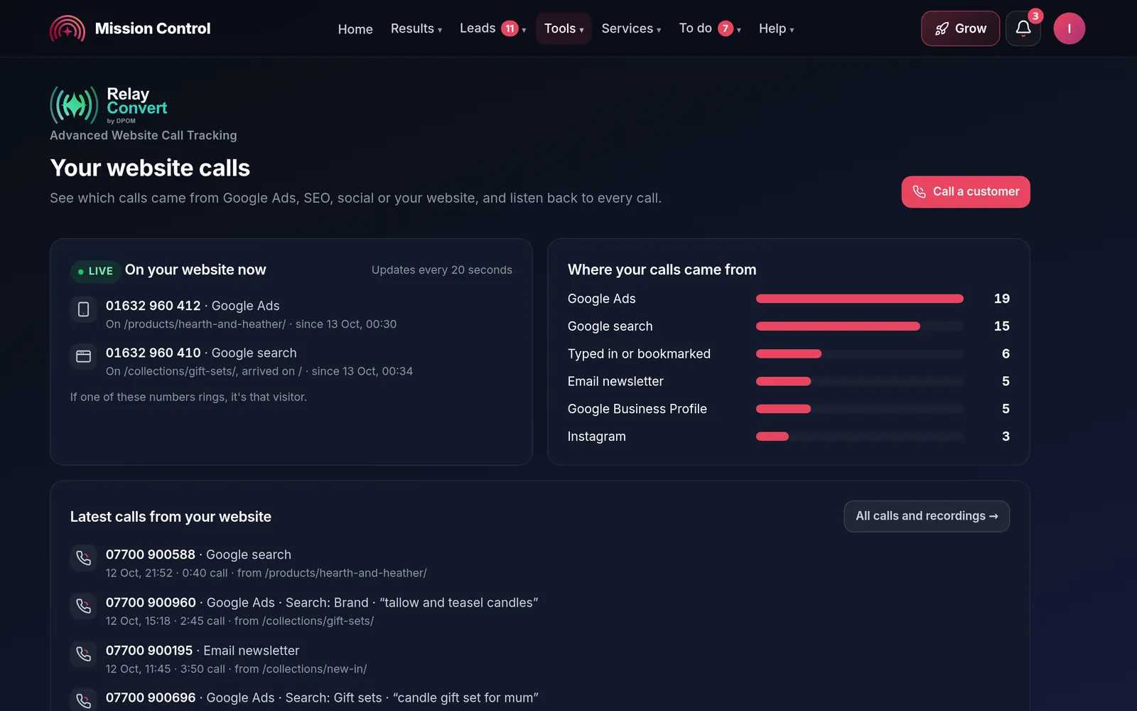 Relay Convert in Mission Control: who is on the website now with a tracking number, and where calls came from, Google Ads first, demo account