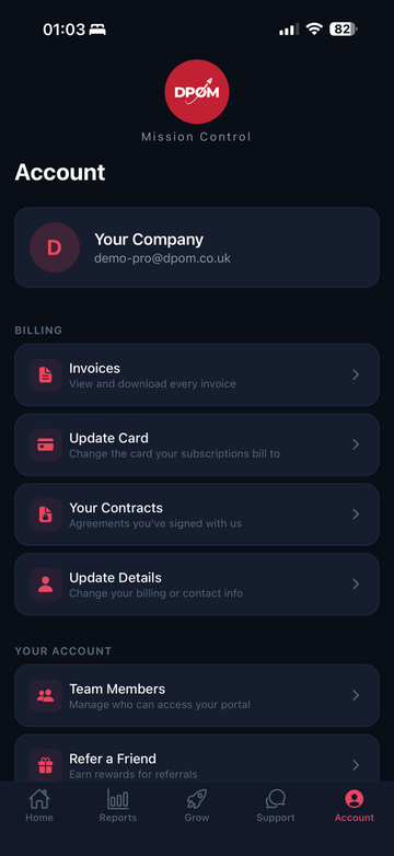 Mission Control app account tab with invoices, update card, contracts and team members