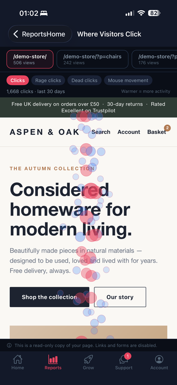 Website heatmap in the DPOM app