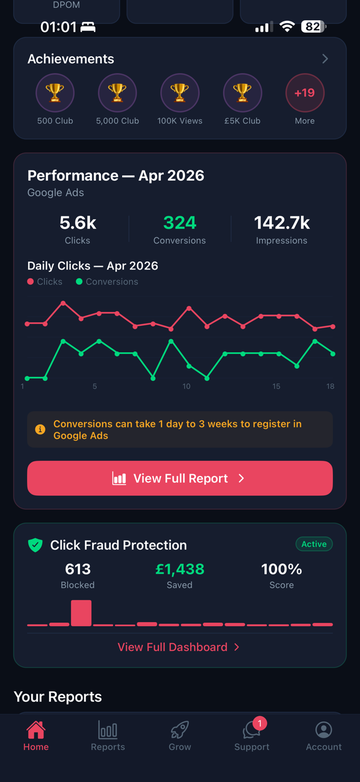 Google Ads performance and click fraud protection in the DPOM app