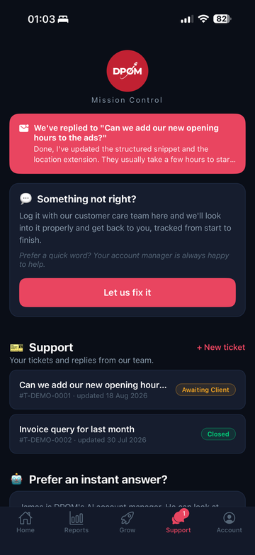 Support tickets in the DPOM app