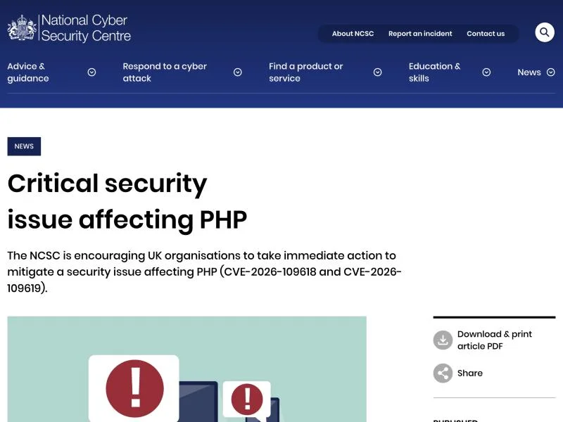 NCSC news article: Critical security issue affecting PHP, CVE-2026-109618 and CVE-2026-109619