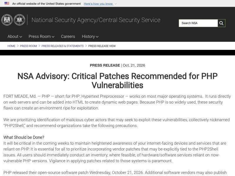 NSA advisory on the PHP2Shell vulnerabilities, 21 October 2026